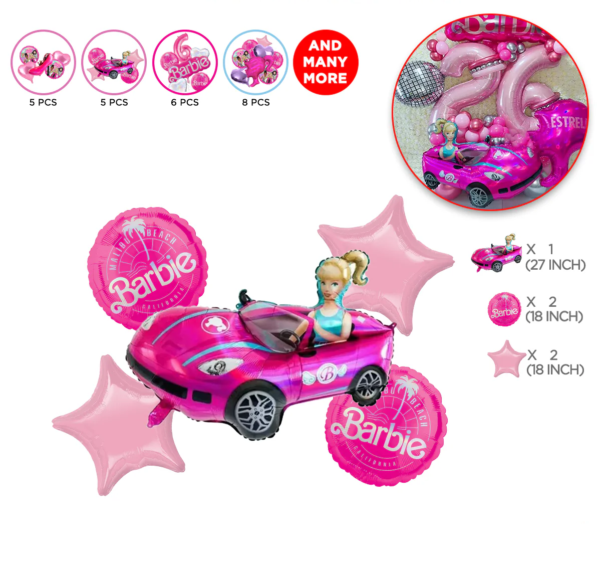 Barbie CAR Theme Foil Balloon Foil Balloon Set of -5 Piece For Birthday Day Party