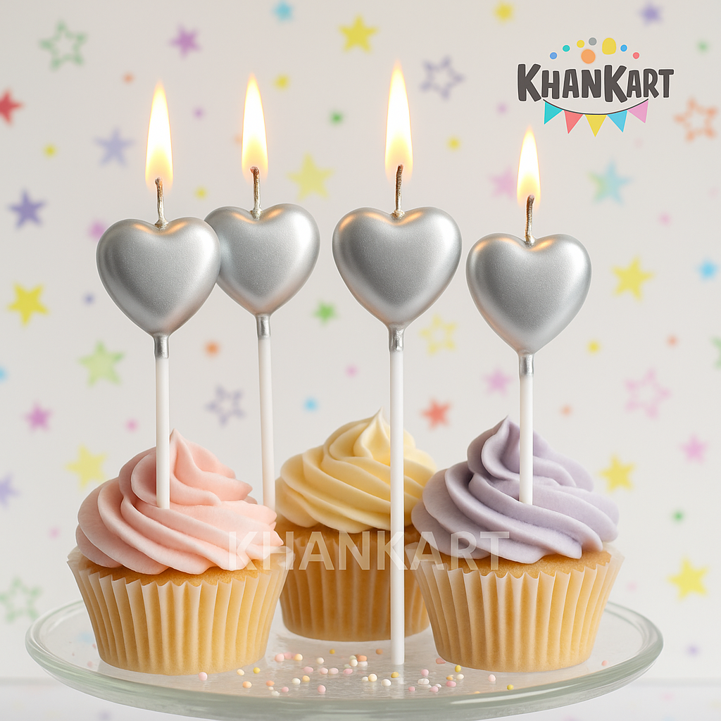 Silver Cake topper Candles in Heart Shape Pack of 4