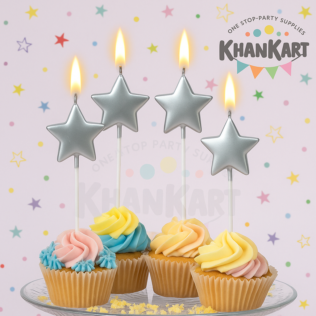 Silver Cake topper Candles in Star Shape Pack of 4