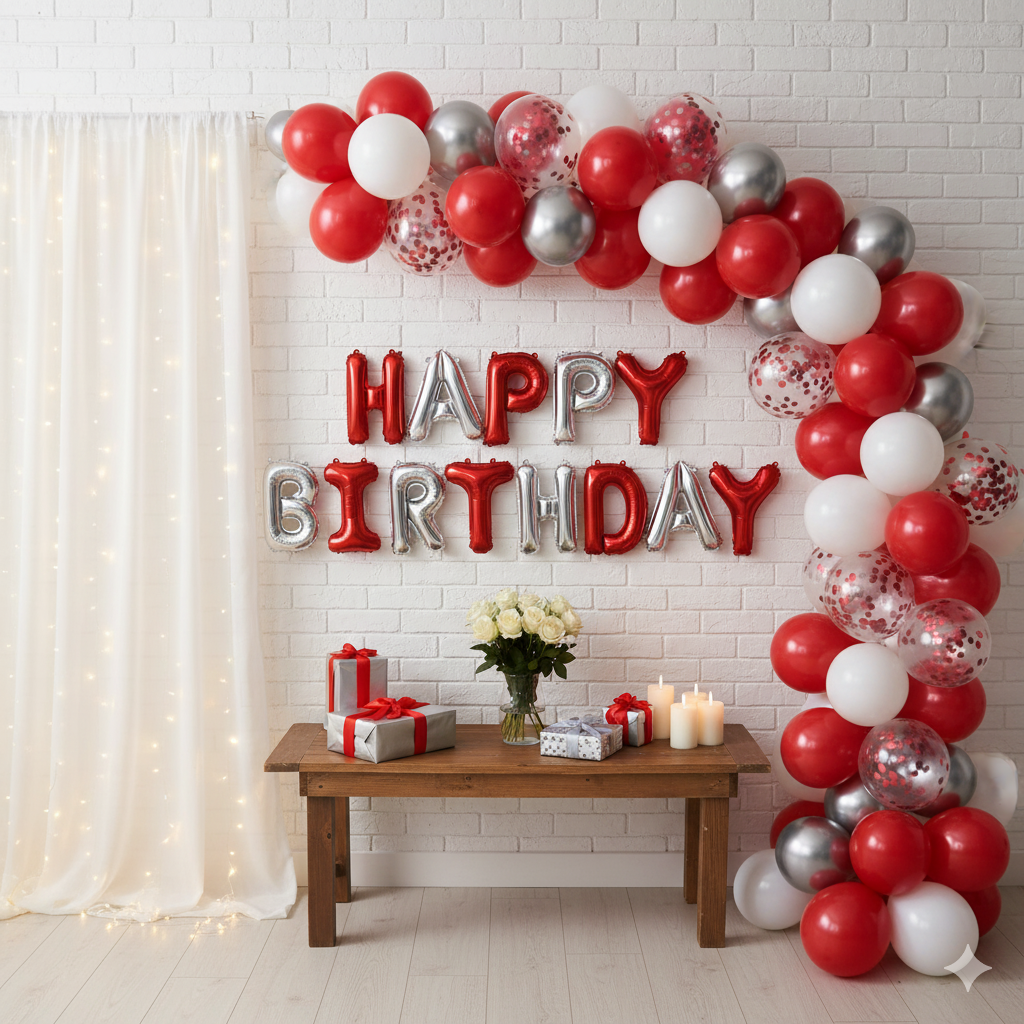 Happy Birthday Red White Silver Confetti Metallic Theme Set Balloons Garland Theme Set For Bow Themed Party Decoration & Celebration