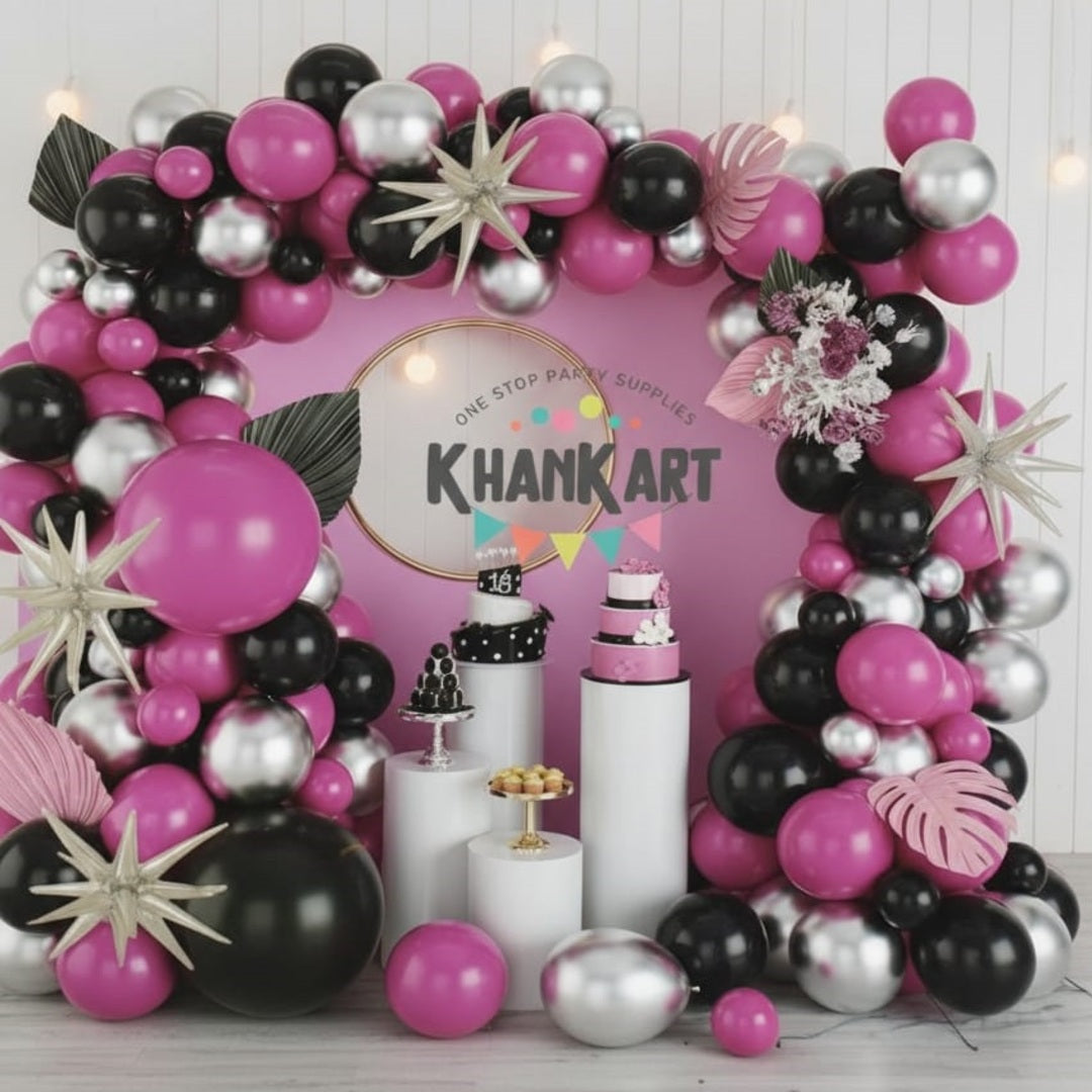 102 Pink Silver Black Balloon Theme Set For Party Decoration