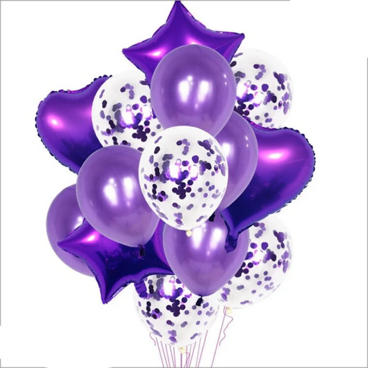 14-Piece Purple Confetti Balloon Set | Star, Heart, and Latex Balloons for Party Decor