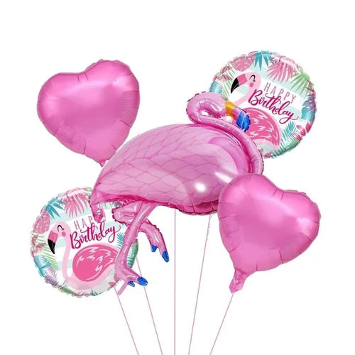 Pink Flamingo Cartoon Foil Balloon Set - 5 Pieces For Flamingo Theme Birthday Party and Celebrations