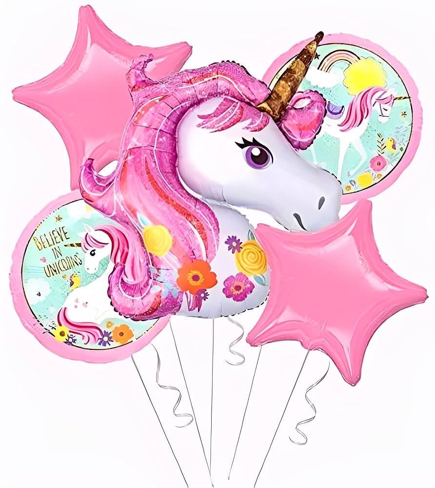 Unicorn Character Foil Balloon Set - 5 Pieces For Unicorn Theme Party Celebration