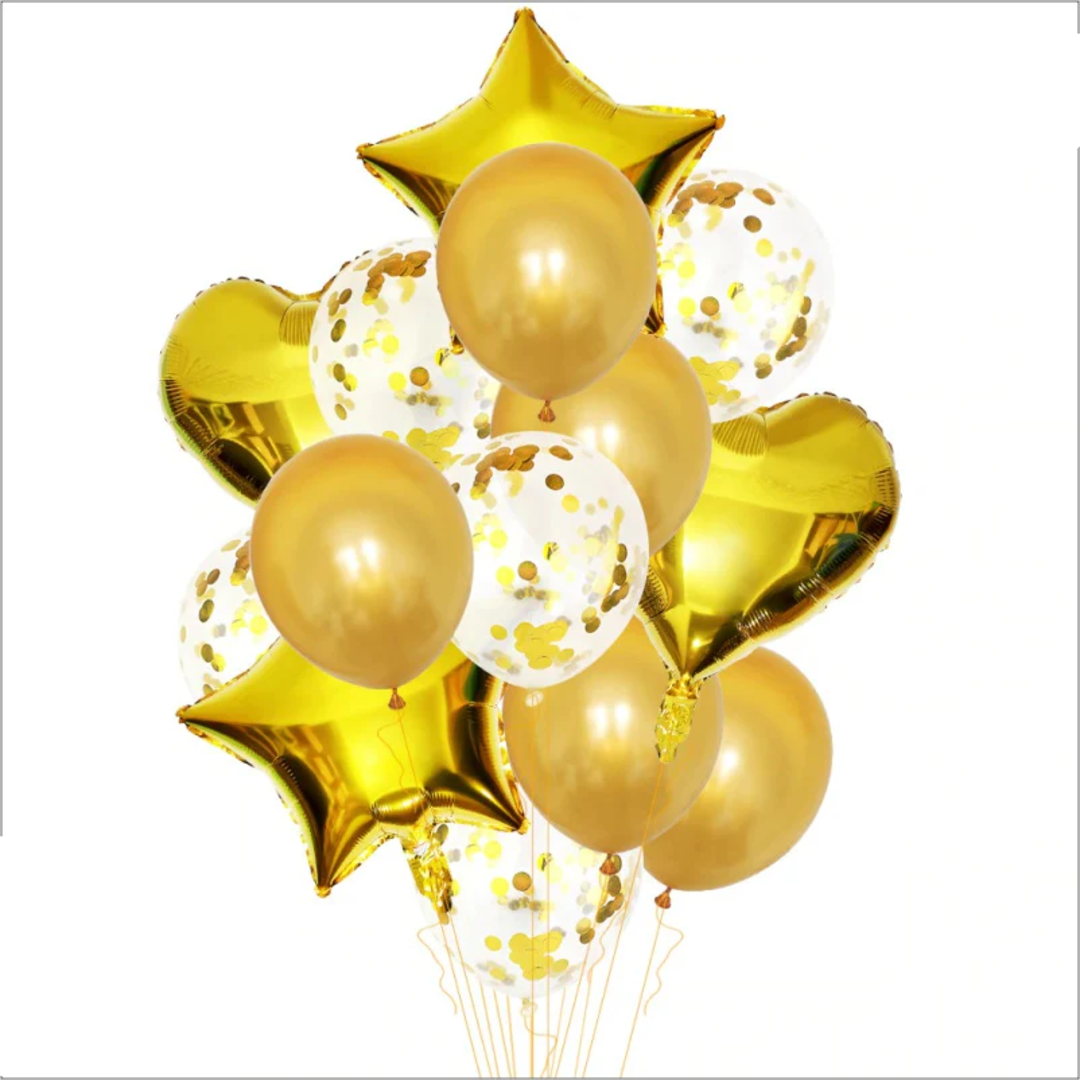 14-Piece Golden  Confetti Balloon Set | Star, Heart, and Latex Balloons for Party Decor