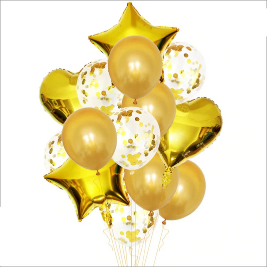 14-Piece Golden  Confetti Balloon Set | Star, Heart, and Latex Balloons for Party Decor