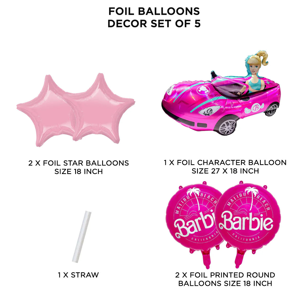 Barbie CAR Theme Foil Balloon Foil Balloon Set of -5 Piece For Birthday Day Party
