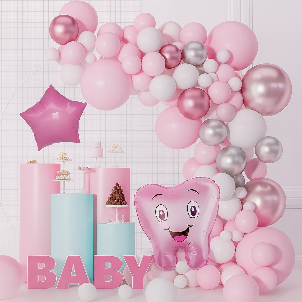 1st Tooth Baby Pink White Silver Decoration Theme Set