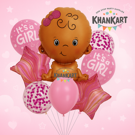 9PCS Premium Baby Shower & Birthday Balloon Decoration Set – Its A Girl Foil & Latex Balloons Combo