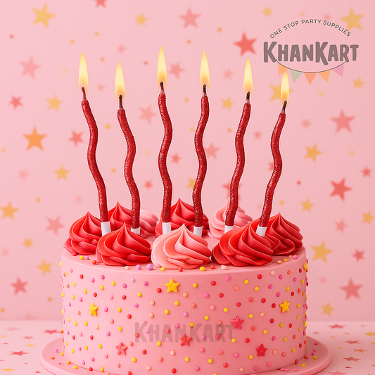 Red Twisty Birthday Glitter Candles Set of 6, Metallic Color Curly Candles For Birthday, Wedding, Anniversary and Event Decoration
