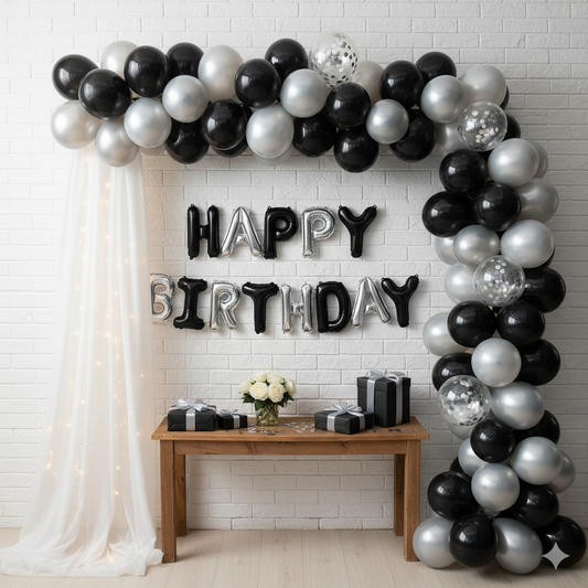 Happy Birthday Silver Black  Confetti Metallic Theme Set Balloons Garland Theme Set For Bow Themed Party Decoration & Celebration