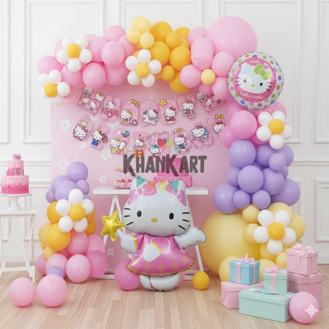 Hello Kitty 67 pcs Pink & Yellow Purple Balloons Garland Theme Set For Bow Themed Party Decoration & Celebration