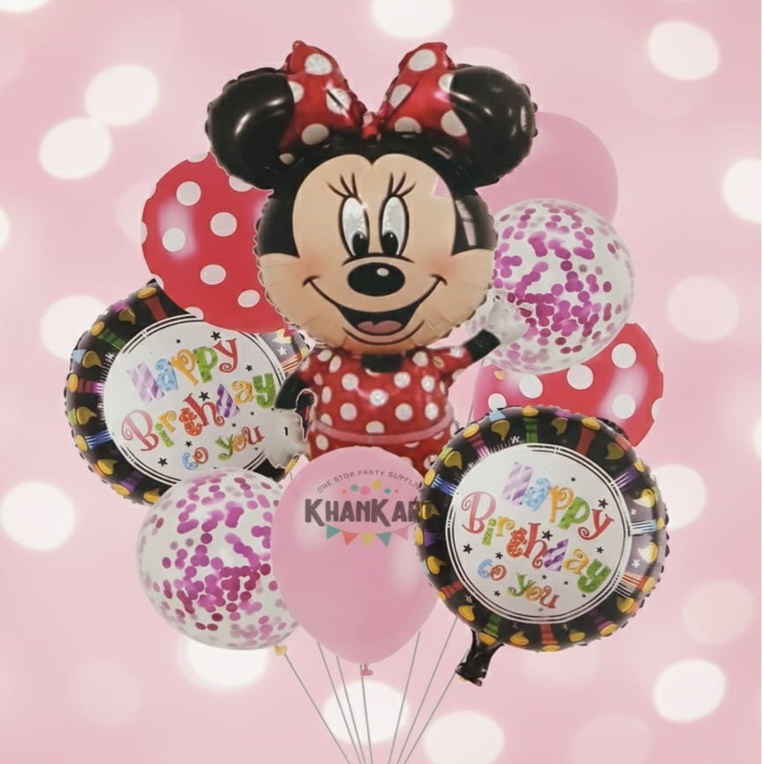 Mini Mouse Theme Foil Balloon Foil Balloon Set of -9 Piece For Birthday Day Party