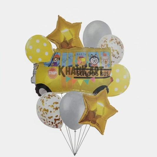 School Bus Theme Foil Balloon Foil Balloon Set of -9 Piece For Birthday Day Party