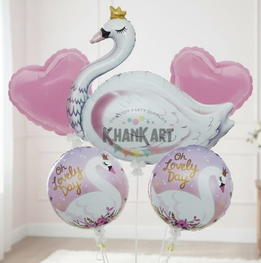 Iridescent White Swan Theme Foil Balloon Foil Balloon Set of -5 Piece For Birthday Day Party