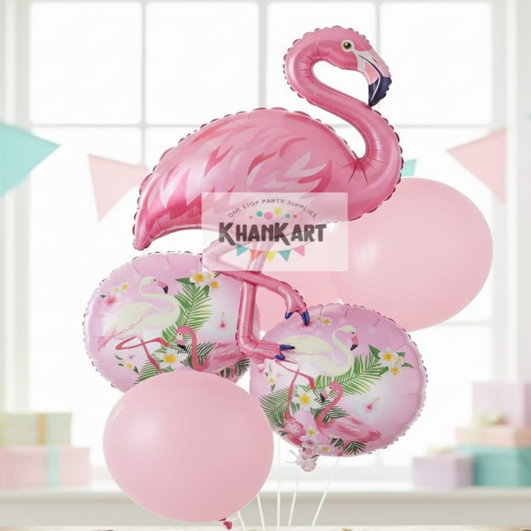 Pink Flamingo Cartoon Foil Balloon Set - 5 Pieces For Flamingo Theme Birthday Party and Celebrations