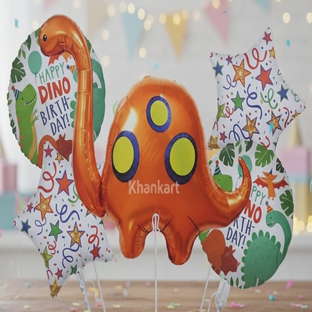 Dinosaur Orange Theme Foil Balloon Foil Balloon Set of -5 Piece For Birthday Day Party