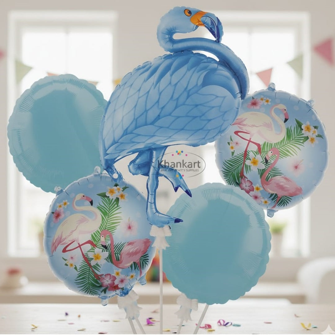 Blue Flamingo Cartoon Foil Balloon Set - 5 Pieces For Flamingo Theme Birthday Party and Celebrations