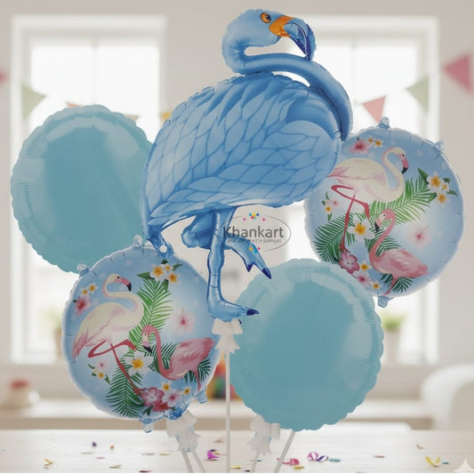Blue Flamingo Cartoon Foil Balloon Set - 5 Pieces For Flamingo Theme Birthday Party and Celebrations