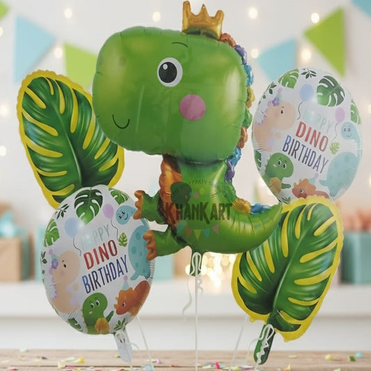 Green Dinasour Theme Foil Balloon Foil Balloon Set of -5 Piece For Birthday Day Party