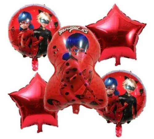 Miraculous Ladybug Foil Balloon Set - 5 Pieces For Miraculous Ladybug Theme Party Celebration